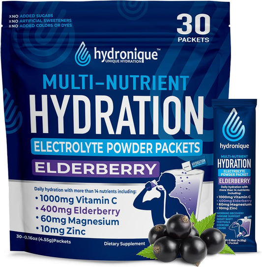 Elderberry Hydration Packets with Low Sodium Electrolytes - Hydronique Unique Formula with Vitamins, Minerals, and Antioxidants (30 Packs)