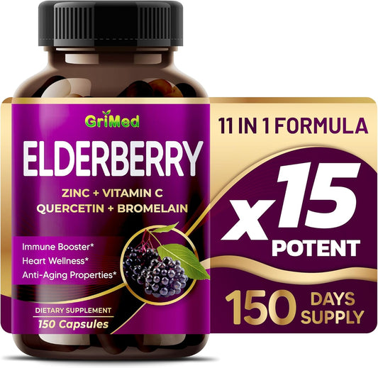 Elderberry Immune Booster Capsules with Zinc, Vitamin C, Quercetin, Bromelain - 21,900mg - Anti-Aging Properties - Made in USA - 150 Count