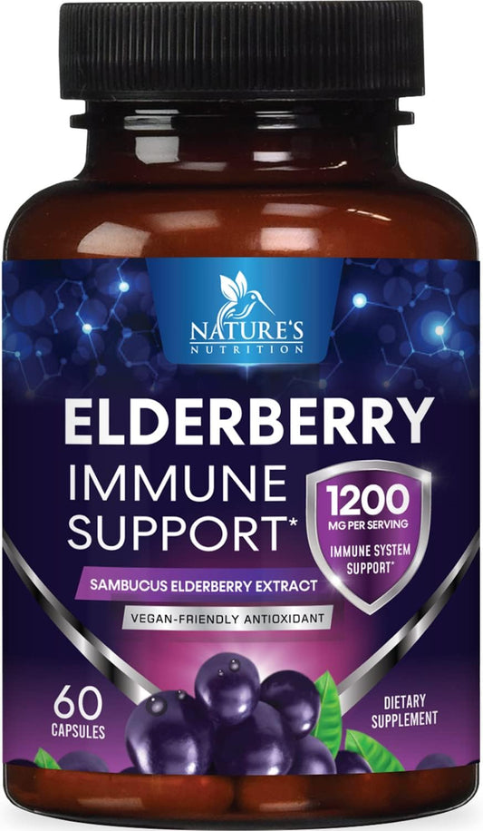 Elderberry Immune Support Capsules - Natural Sambucus Black Elderberry Antioxidant Supplement for Adults - Vegan, Sugar & Gluten Free - 60 Capsules