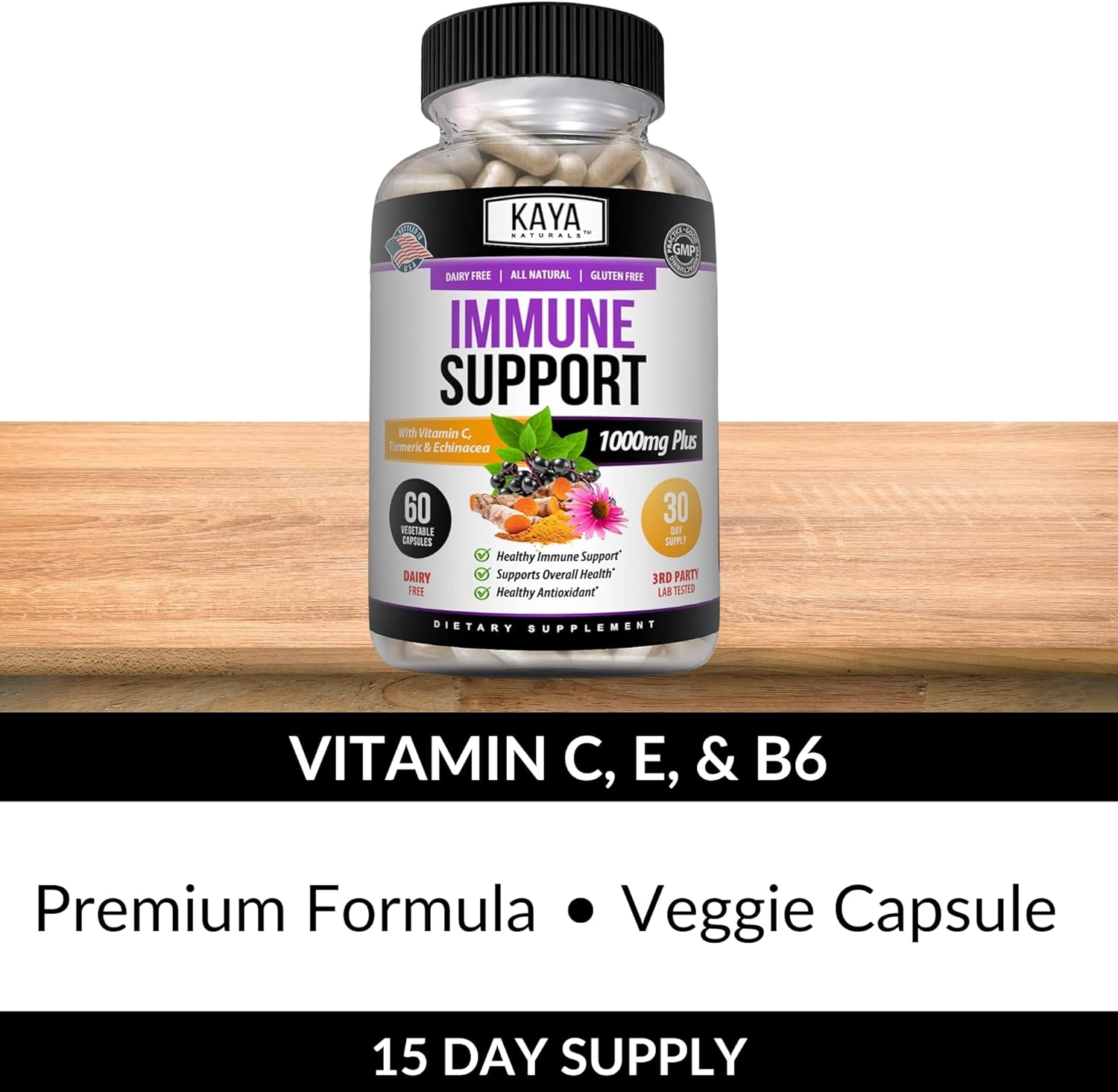 Elderberry Immune Support Capsules with Zinc, Vitamin C, Probiotics, and Turmeric - 60 Count