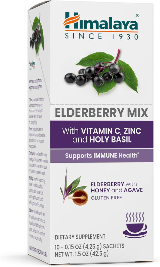 Elderberry Immune Support Mix with Zinc, Vitamin C, and Holy Basil - Caffeine Free Drink Supplement, 10 Packets, Gluten Free