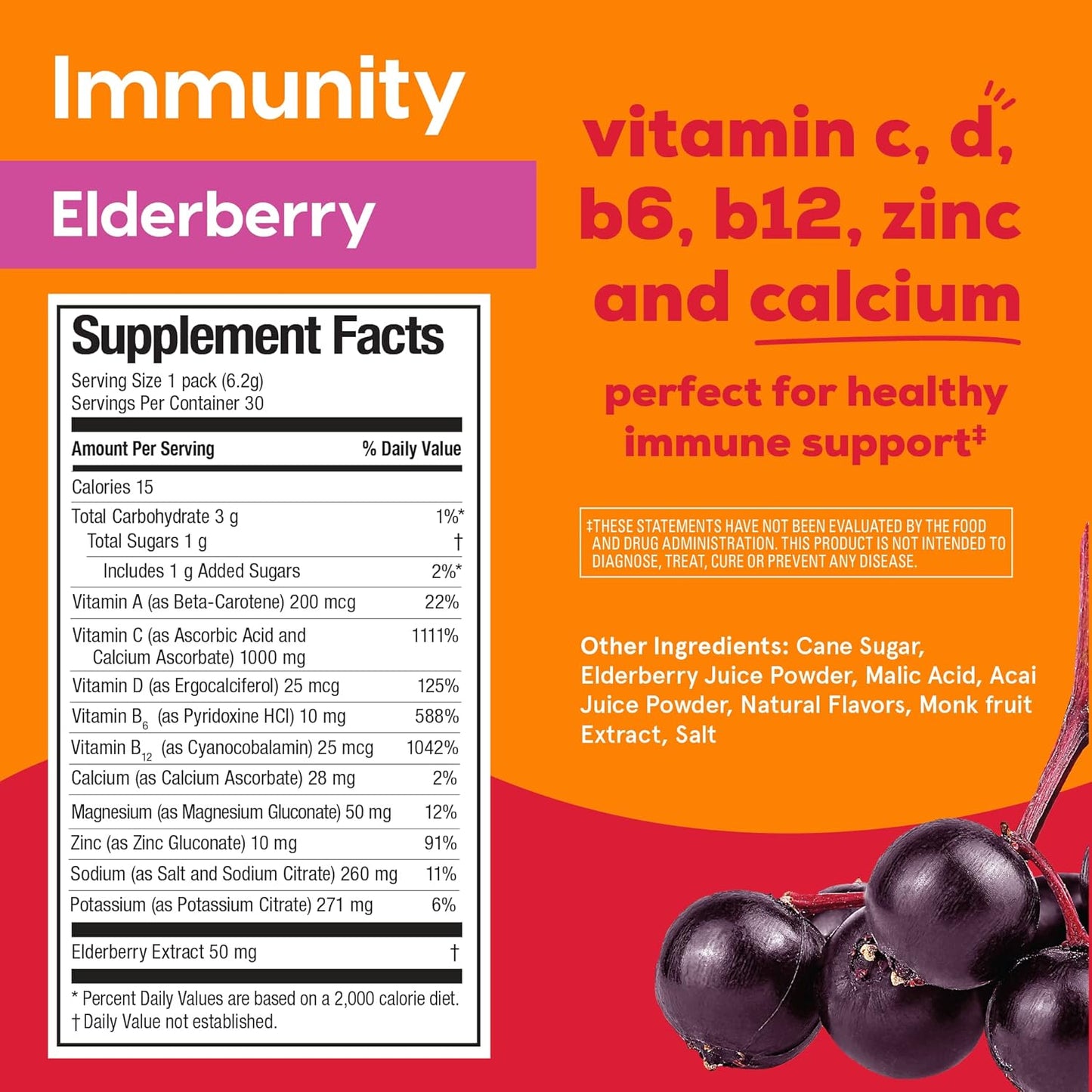 Elderberry Immunity Powder Stick Packets with Vitamin C, D, Zinc - Electrolyte Energy Support - 30 Count