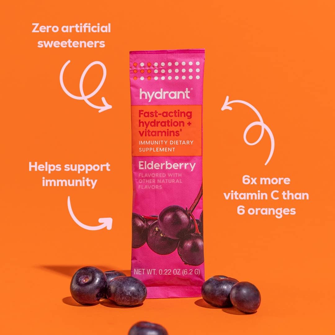 Elderberry Immunity Powder Stick Packets with Vitamin C, D, Zinc - Electrolyte Energy Support - 30 Count
