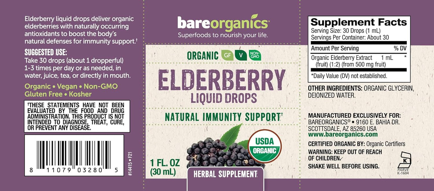 Elderberry Liquid Drops Herbal Supplement by BareOrganics - 1 Ounce