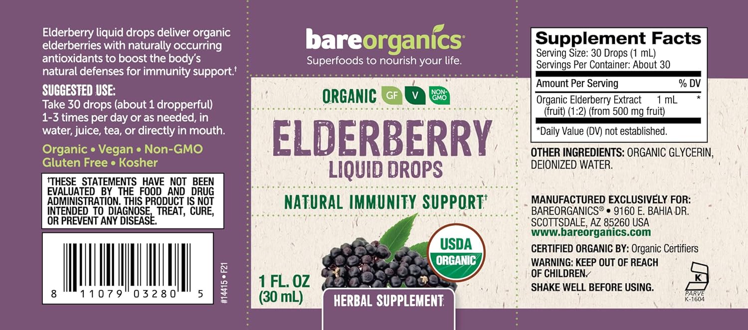 Elderberry Liquid Drops Herbal Supplement by BareOrganics - 1 Ounce