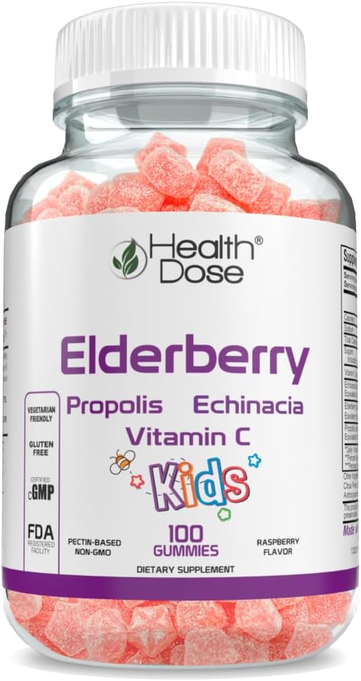 Elderberry Sambucus Gummy Vitamins for Kids with Propolis, Echinacea, Vitamin C - Raspberry Flavor, Vegan, Gluten-Free - Immune Support Booster, 100 Gummies