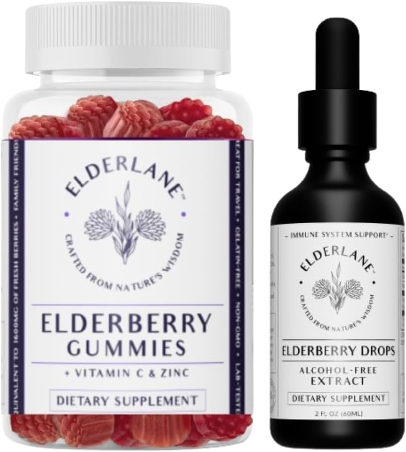 Elderlane Immune Support Bundle: Elderberry Tincture Drops and Gummies for Adults and Kids - 2 Oz and 60ct