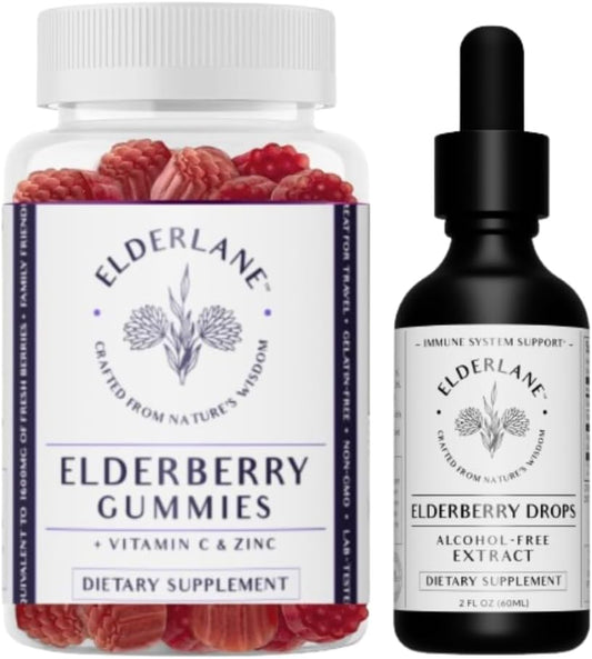 Elderlane Immune Support Bundle: Elderberry Tincture Drops and Gummies for Adults and Kids - 2 Oz and 60ct