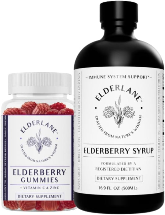 Elderlane Immune Support Supplement Bundle - Elderberry Syrup and Gummies for Adults and Kids - 16.9 Oz Syrup and 60ct Gummies