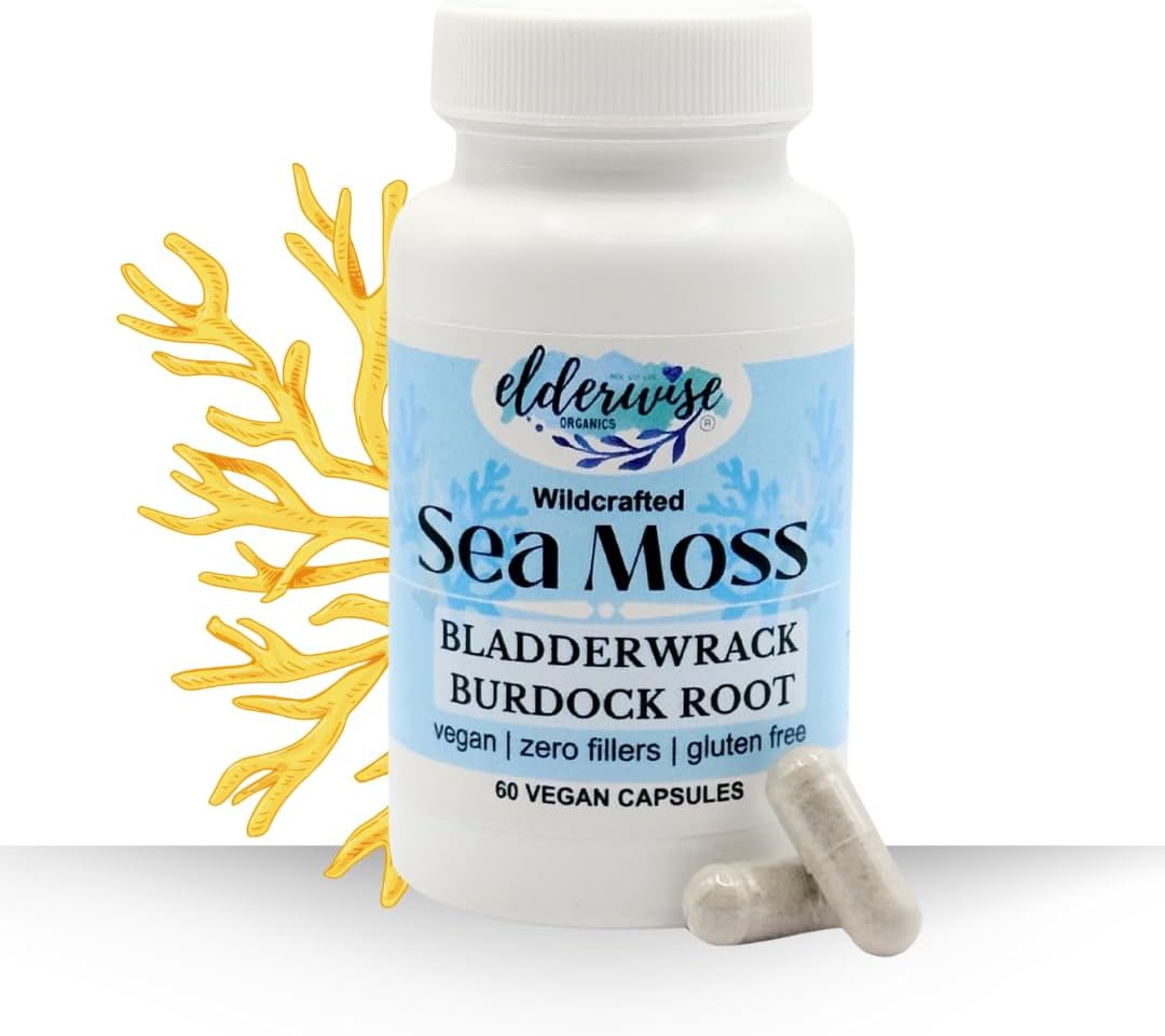Elderwise Organics Sea Moss Capsules with Burdockroot & Bladderwrack - 60 Vegan Capsules - 30 Day Supply - 1400mg - Superfood Supplement