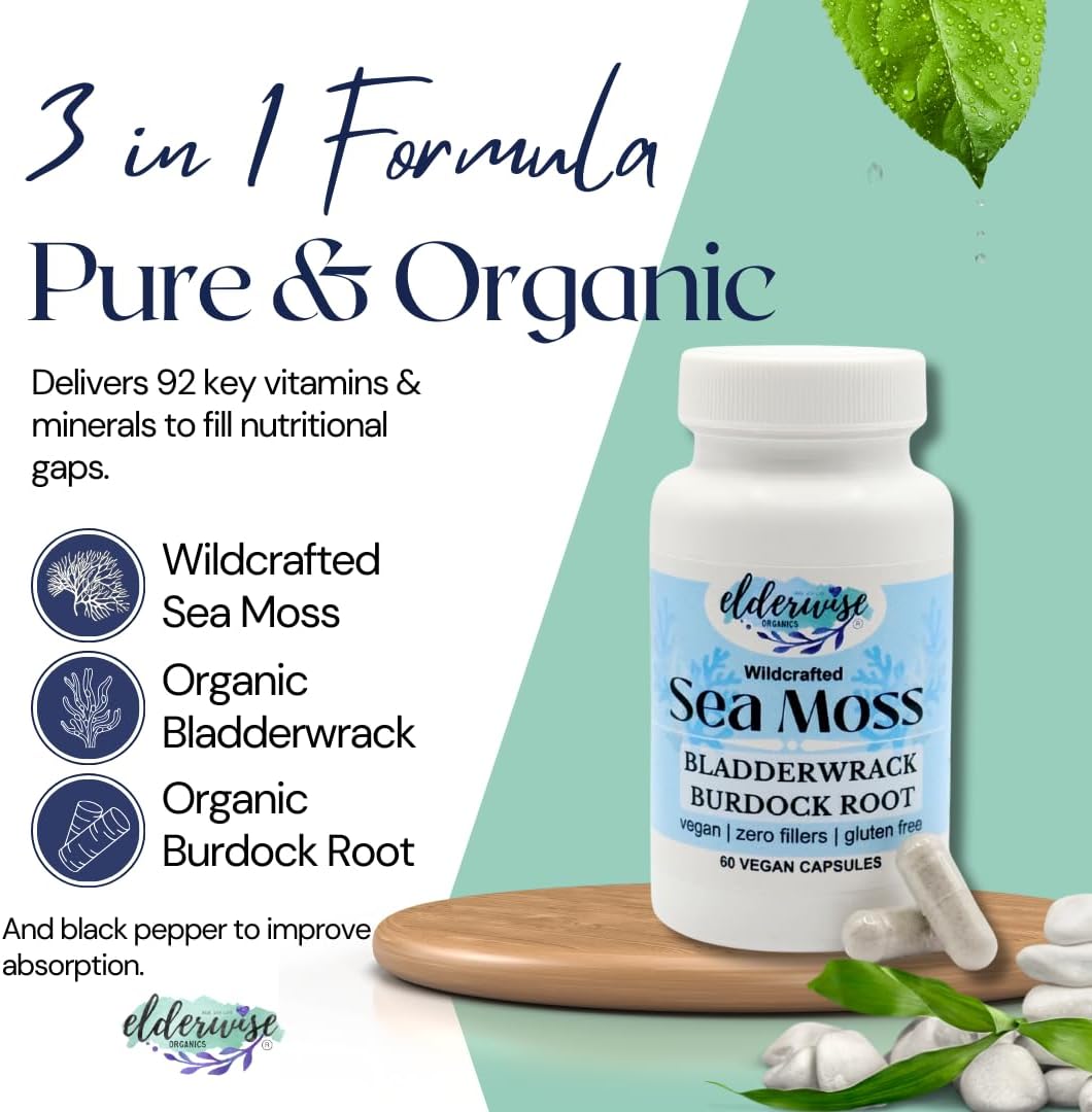 Elderwise Organics Sea Moss Capsules with Burdockroot & Bladderwrack - 60 Vegan Capsules - 30 Day Supply - 1400mg - Superfood Supplement