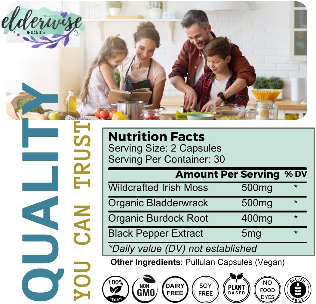 Elderwise Organics Sea Moss Capsules with Burdockroot & Bladderwrack - 60 Vegan Capsules - 30 Day Supply - 1400mg - Superfood Supplement