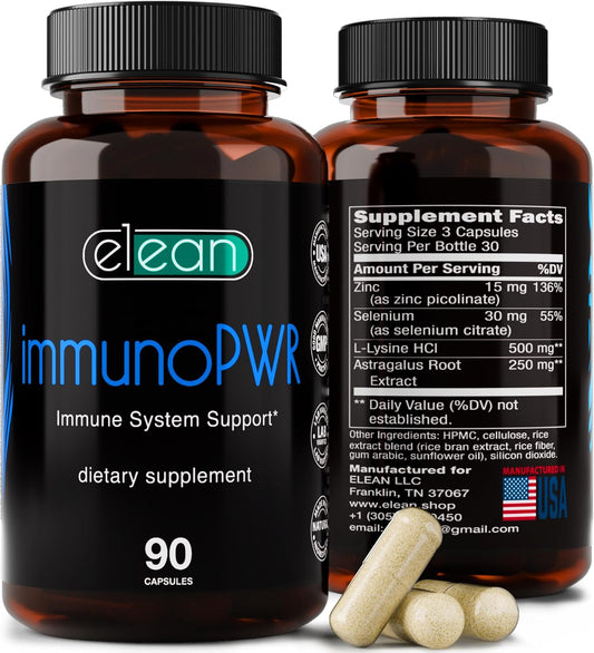 ELEAN Immuno PWR: Zinc, Selenium, Lysine, Astragalus for Collagen, Thyroid, Energy - 90 Veg Capsules
