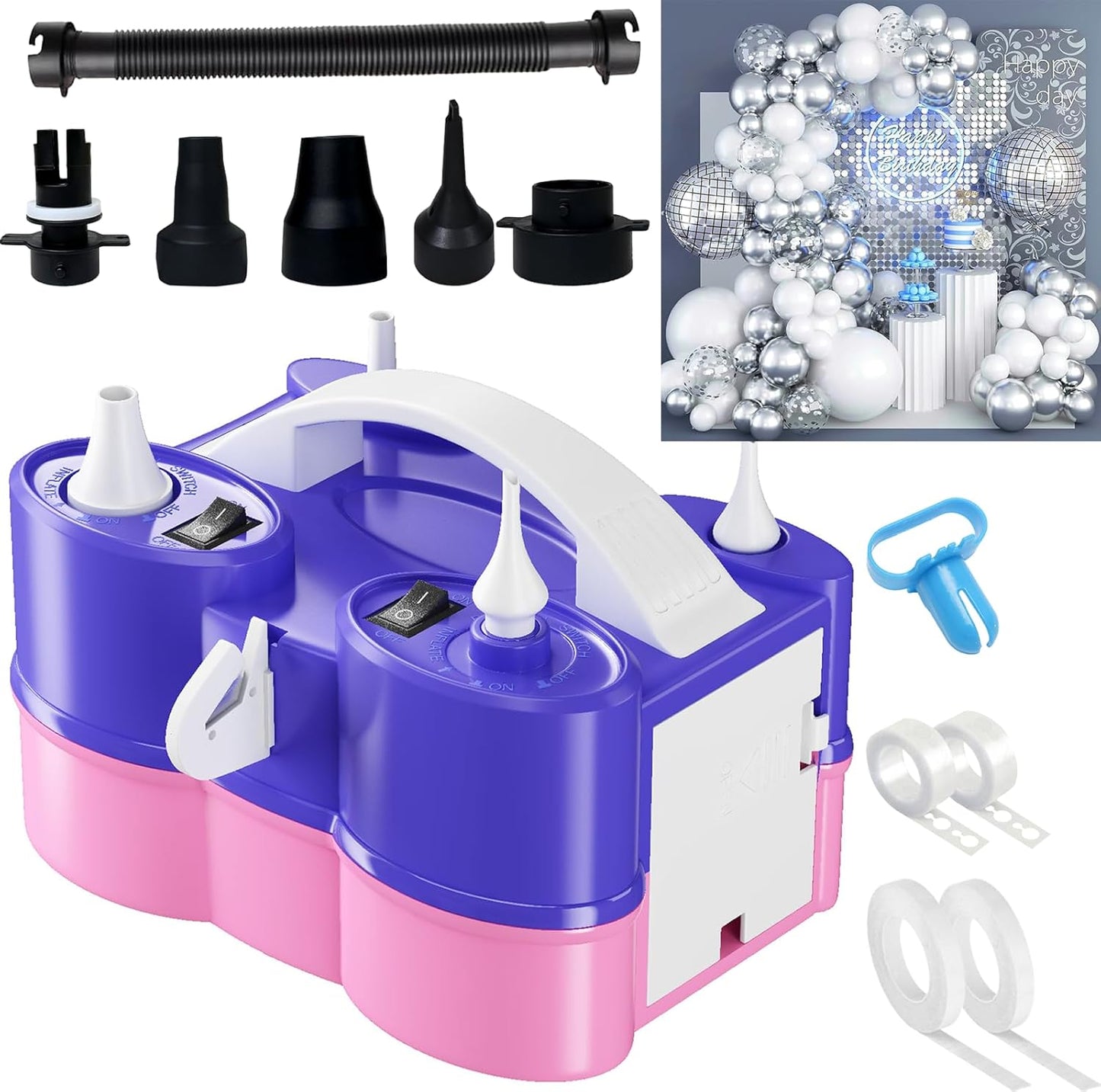 Electric Balloon Pump Kit with Disco Ball Balloons Arch - Dual Nozzle Inflator for Latex and Foil Balloons - 110V Inflator Deflator for Pool and Inflatables