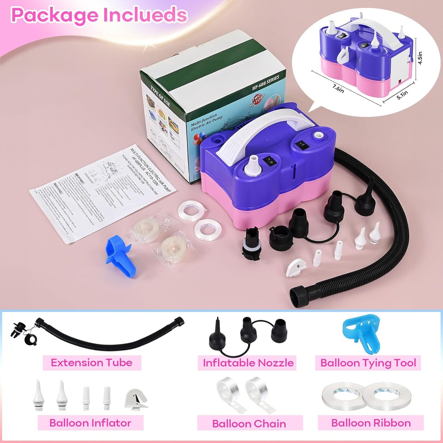 Electric Balloon Pump Kit with Disco Ball Balloons Arch - Dual Nozzle Inflator for Latex and Foil Balloons - 110V Inflator Deflator for Pool and Inflatables