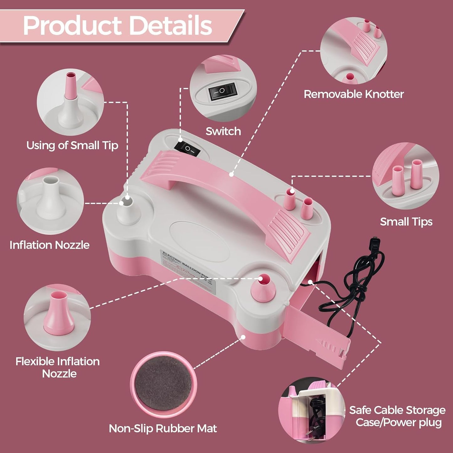 Electric Dual Nozzle Balloon Pump - Portable Inflator for Parties and Decorations, 110V-120V, 600W