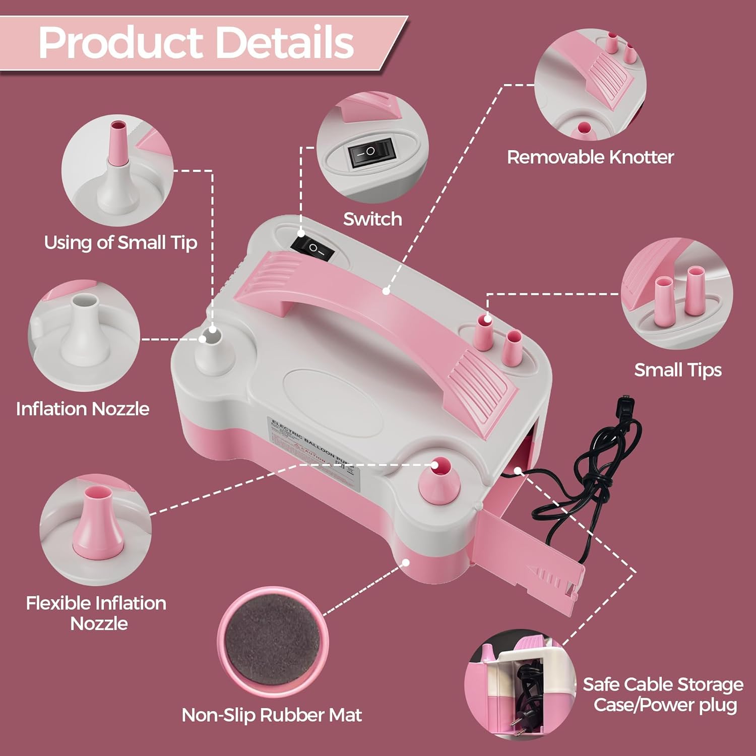 Electric Dual Nozzle Balloon Pump - Portable Inflator for Parties and Decorations, 110V-120V, 600W