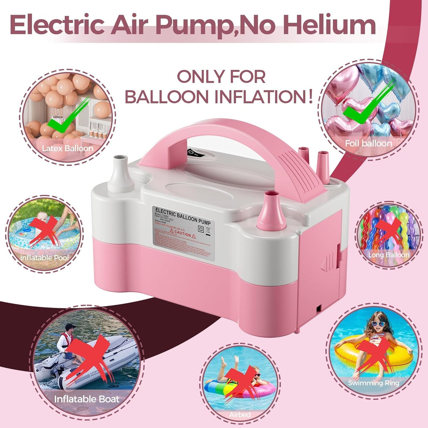 Electric Dual Nozzle Balloon Pump - Portable Inflator for Parties and Decorations, 110V-120V, 600W