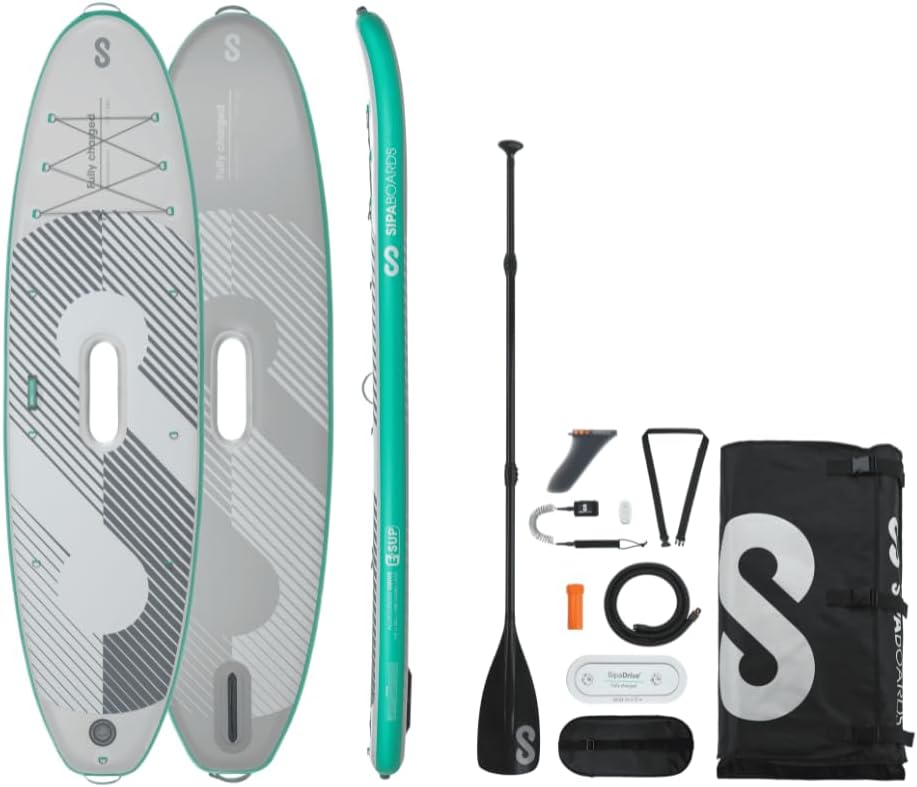 Electric SUP with Carbon Paddle - Lightweight and Stable - Up to 6 Hours Battery Life - 140 kg Load Capacity - Sipaboards 2.0 Jet Engine