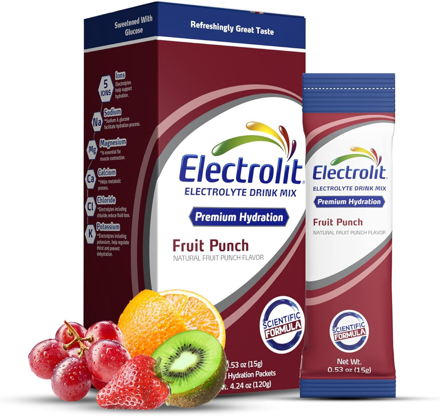 Electrolit Electrolytes Powder Packets, Fruit Punch 8 Pack, Hydration Drink Mix for Dehydration & Rehydration, Post-Workout Gluten-Free Water Enhancer Sticks