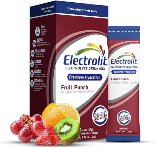 Electrolit Electrolytes Powder Packets, Fruit Punch 8 Pack, Hydration Drink Mix for Dehydration & Rehydration, Post-Workout Gluten-Free Water Enhancer Sticks