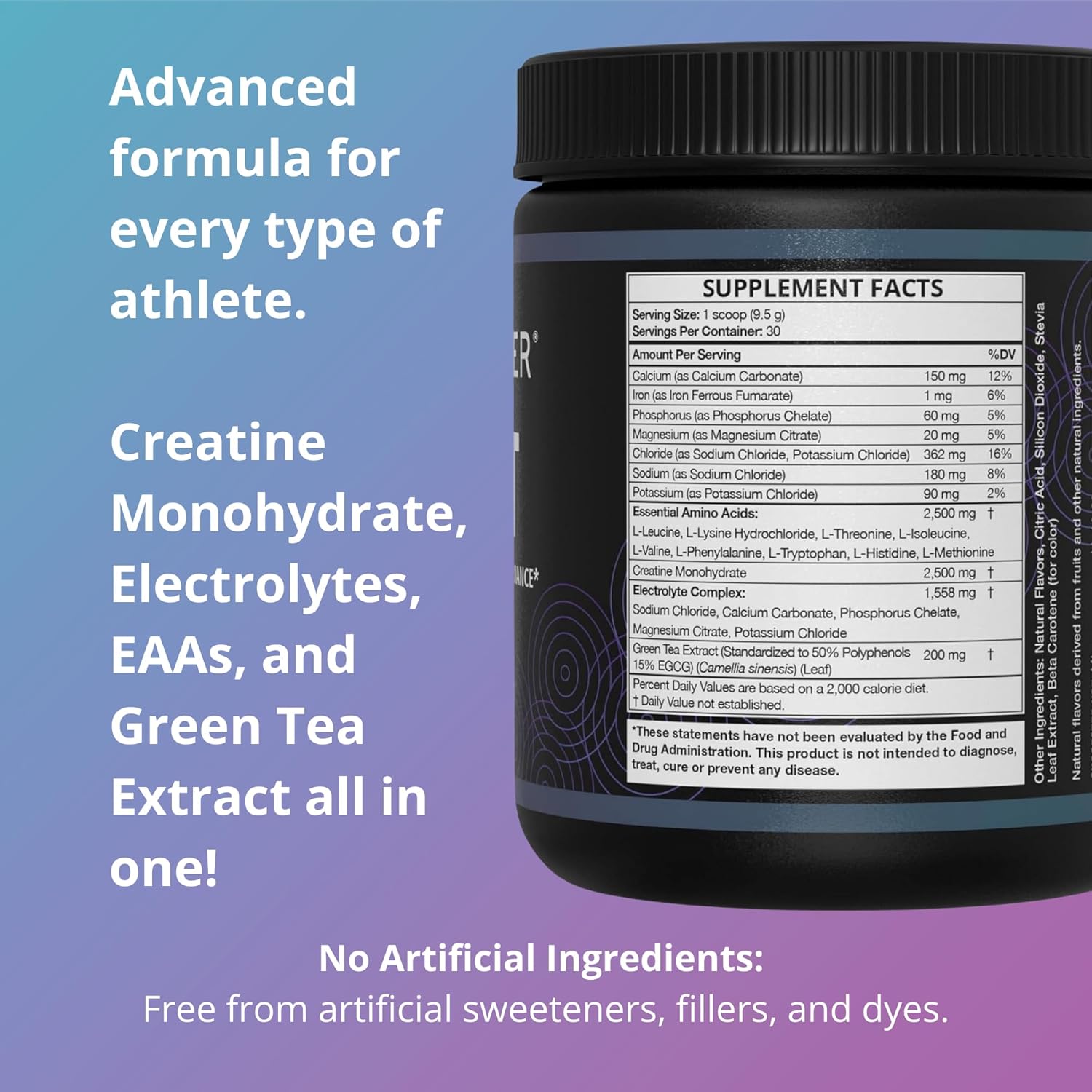 Electrolyte Powder with Creatine, Amino Acids, & Green Tea Extract - Lemon Lime Flavor | No Sugar or Artificial Ingredients | 30 Servings