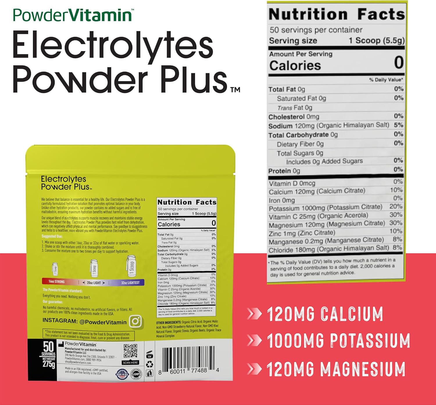 Electrolyte Powder with Vitamins (50 Servings, Strawberry Kiwi Flavor) - Zero Calorie, Keto-Friendly, Sugar-Free, Hydration Support