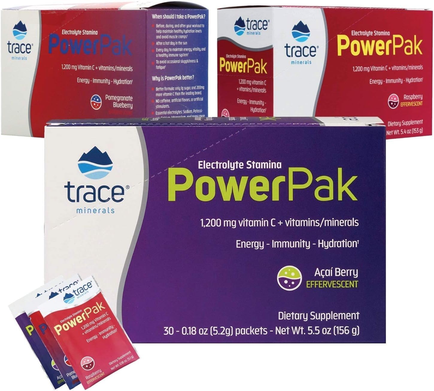 Electrolyte Stamina Power Pak Variety Pack - 1200mg Vitamin C - Non-GMO - Trace Minerals - 30 Packets - Pomegranate Blueberry, Raspberry, Acai Berry - Pack of 3