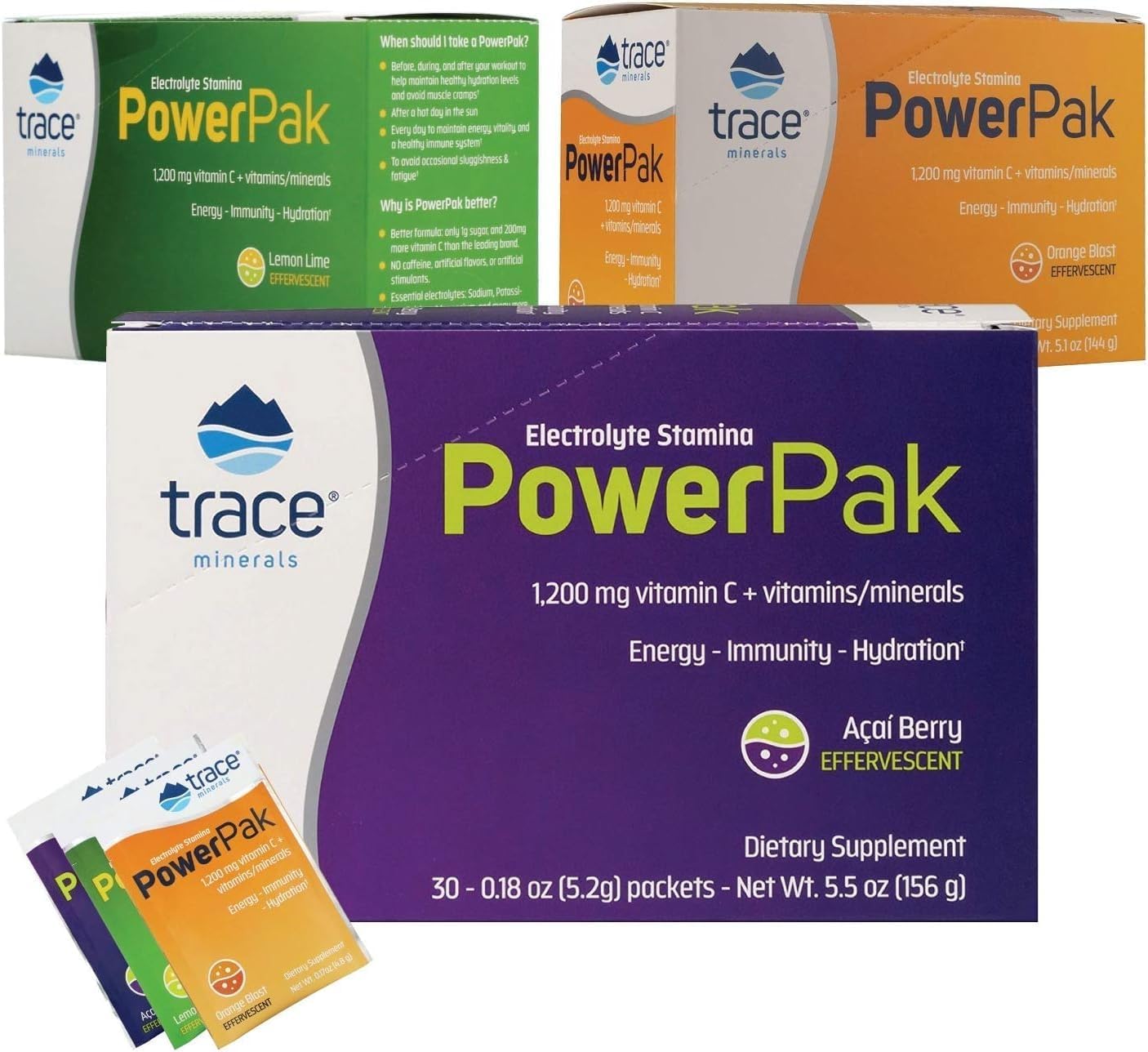 Electrolyte Stamina Power Pak Variety Pack - 1200mg Vitamin C - Trace Minerals - Non-GMO - 30 Packets - Lemon Lime, Orange Blast, Acai Berry - Pack of 3