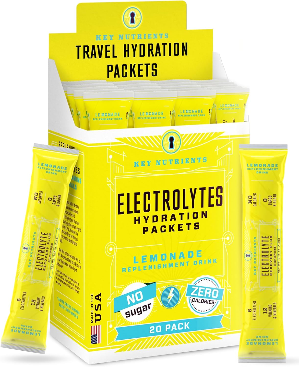 Electrolytes Powder Packets: Refreshing Lemonade Flavor - 20 Pack Hydration Powder for Travel - USA Made, Sugar-Free, Gluten-Free