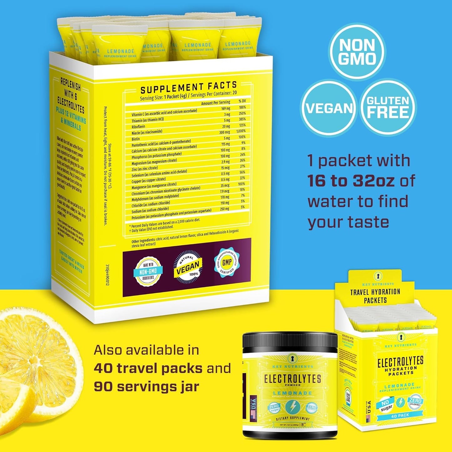 Electrolytes Powder Packets: Refreshing Lemonade Flavor - 20 Pack Hydration Powder for Travel - USA Made, Sugar-Free, Gluten-Free