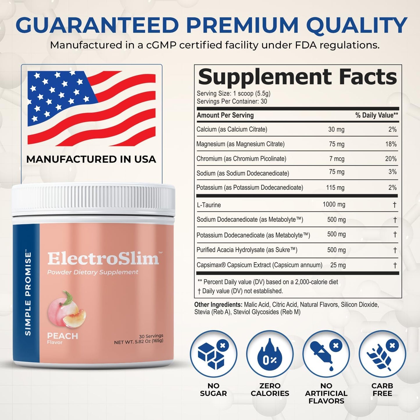 ElectroSlim Sugar-Free Keto Electrolytes Powder for Daily Energy & Hydration, Low Sodium Organic Peach Flavor - 30 Servings