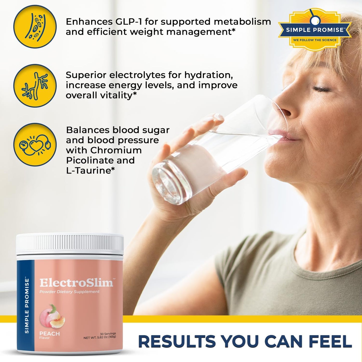 ElectroSlim Sugar-Free Keto Electrolytes Powder for Daily Energy & Hydration, Low Sodium Organic Peach Flavor - 30 Servings