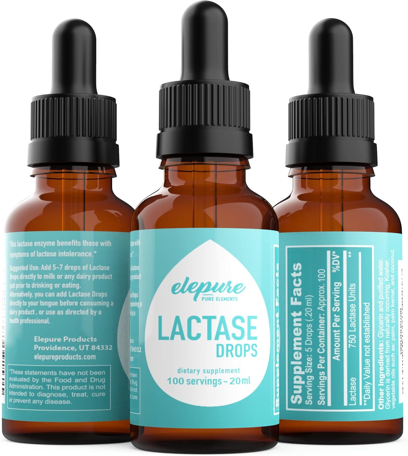 Elepure Pure Elements Lactase Drops - 100 Servings for Lactose Intolerance Relief - 20ml