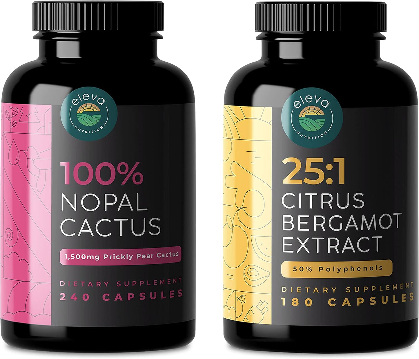 Eleva Nutrition Citrus Bergamot & Nopal Cactus Bundle - 180 Capsules Citrus Bergamot, 240 Capsules Nopal Cactus - 1500 Mg Sun-Dried Prickly Pear Cactus with Black Pepper Extract, 1000 Mg Bergamot Extract