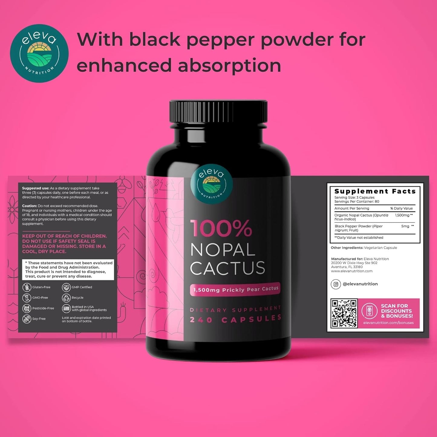 Eleva Nutrition Citrus Bergamot & Nopal Cactus Bundle - 180 Capsules Citrus Bergamot, 240 Capsules Nopal Cactus - 1500 Mg Sun-Dried Prickly Pear Cactus with Black Pepper Extract, 1000 Mg Bergamot Extract