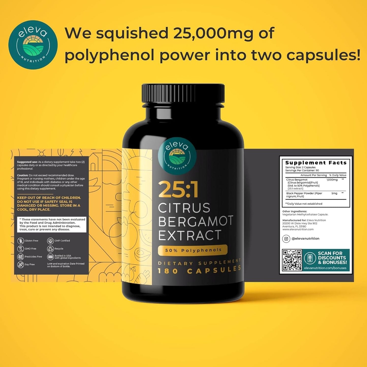 Eleva Nutrition Citrus Bergamot & Nopal Cactus Bundle - 180 Capsules Citrus Bergamot, 240 Capsules Nopal Cactus - 1500 Mg Sun-Dried Prickly Pear Cactus with Black Pepper Extract, 1000 Mg Bergamot Extract