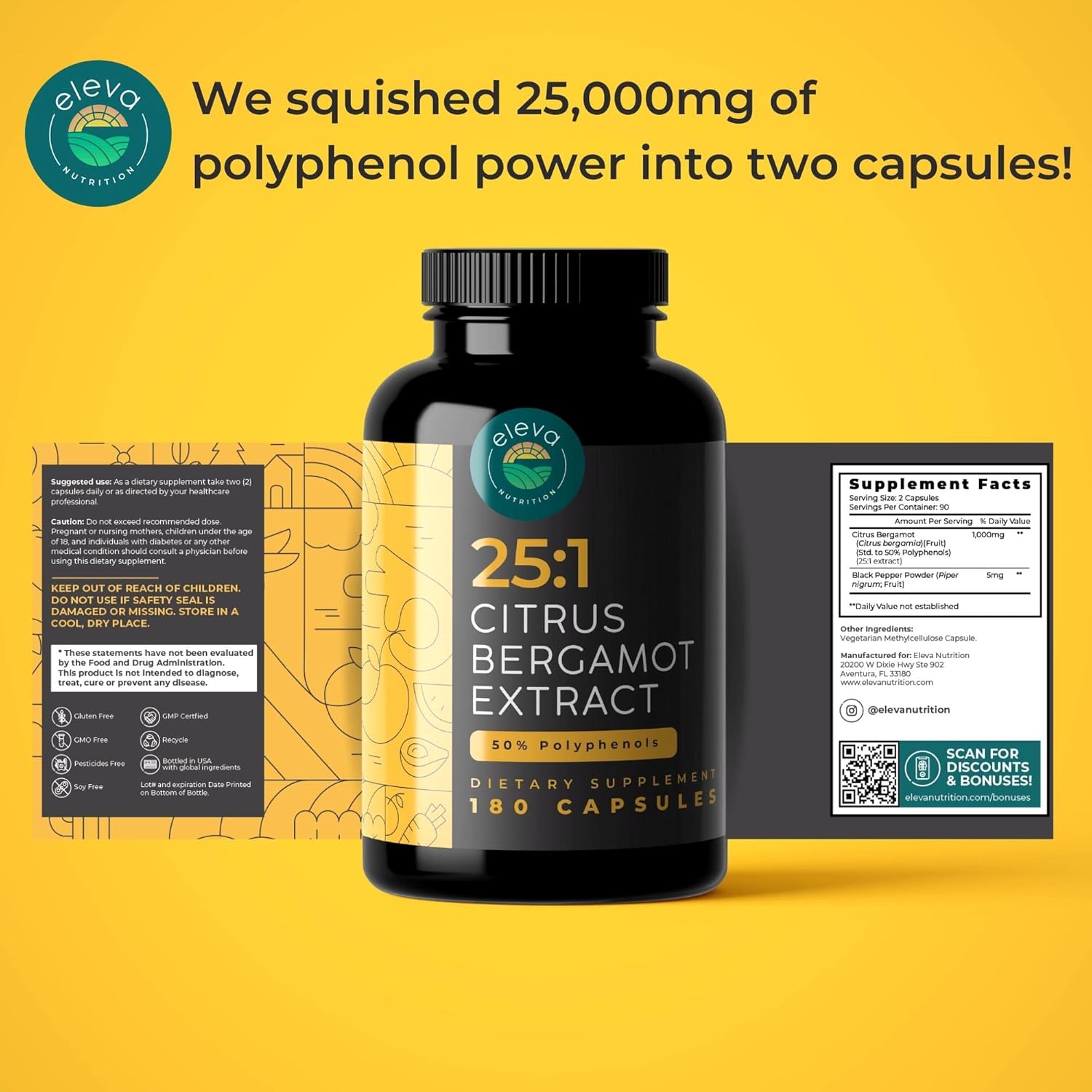Eleva Nutrition Citrus Bergamot & Nopal Cactus Bundle - 180 Capsules Citrus Bergamot, 240 Capsules Nopal Cactus - 1500 Mg Sun-Dried Prickly Pear Cactus with Black Pepper Extract, 1000 Mg Bergamot Extract