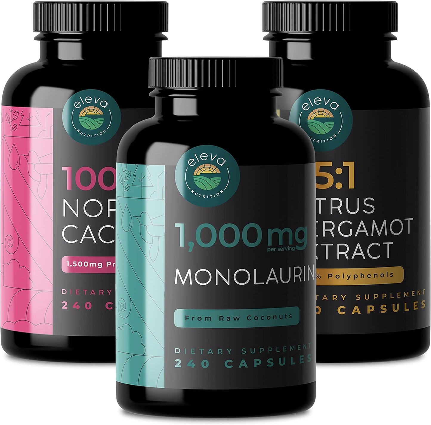 Eleva Nutrition Citrus Bergamot, Nopal Cactus, & Monolaurin Supplement Bundle - 1000mg Bergamot, 1000mg Monolaurin, 1500mg Prickly Pear Cactus Capsules