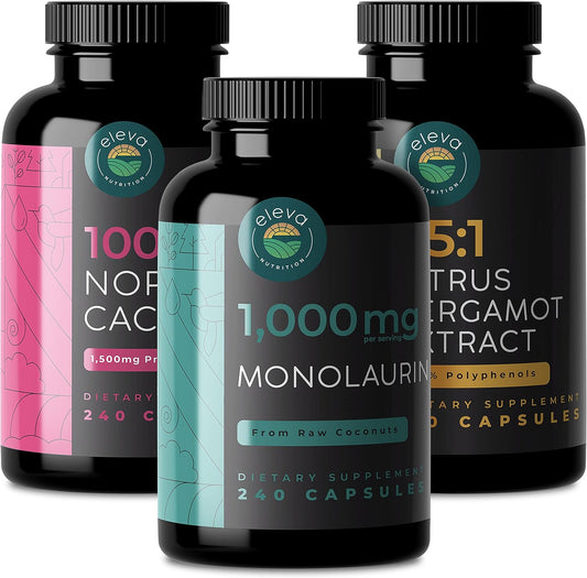 Eleva Nutrition Citrus Bergamot, Nopal Cactus, & Monolaurin Supplement Bundle - 1000mg Bergamot, 1000mg Monolaurin, 1500mg Prickly Pear Cactus Capsules