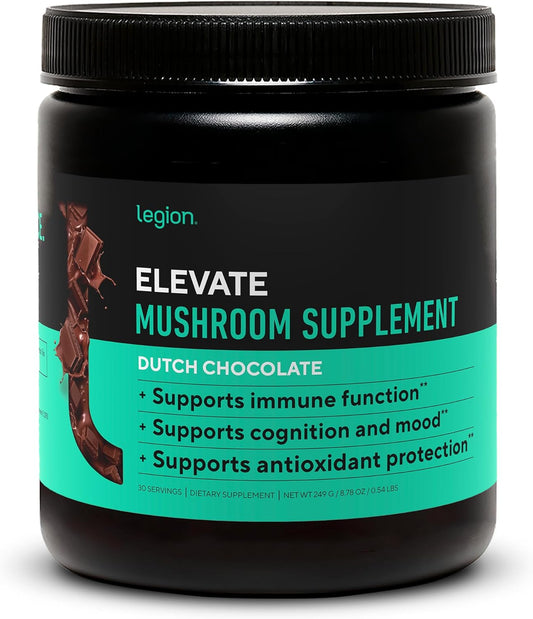 Elevate Mushroom Supplement Powder - Lions Mane, Reishi, Beta-Glucan Blend - Boost Immune System, Mood, Performance - Dutch Chocolate - 30 Servings