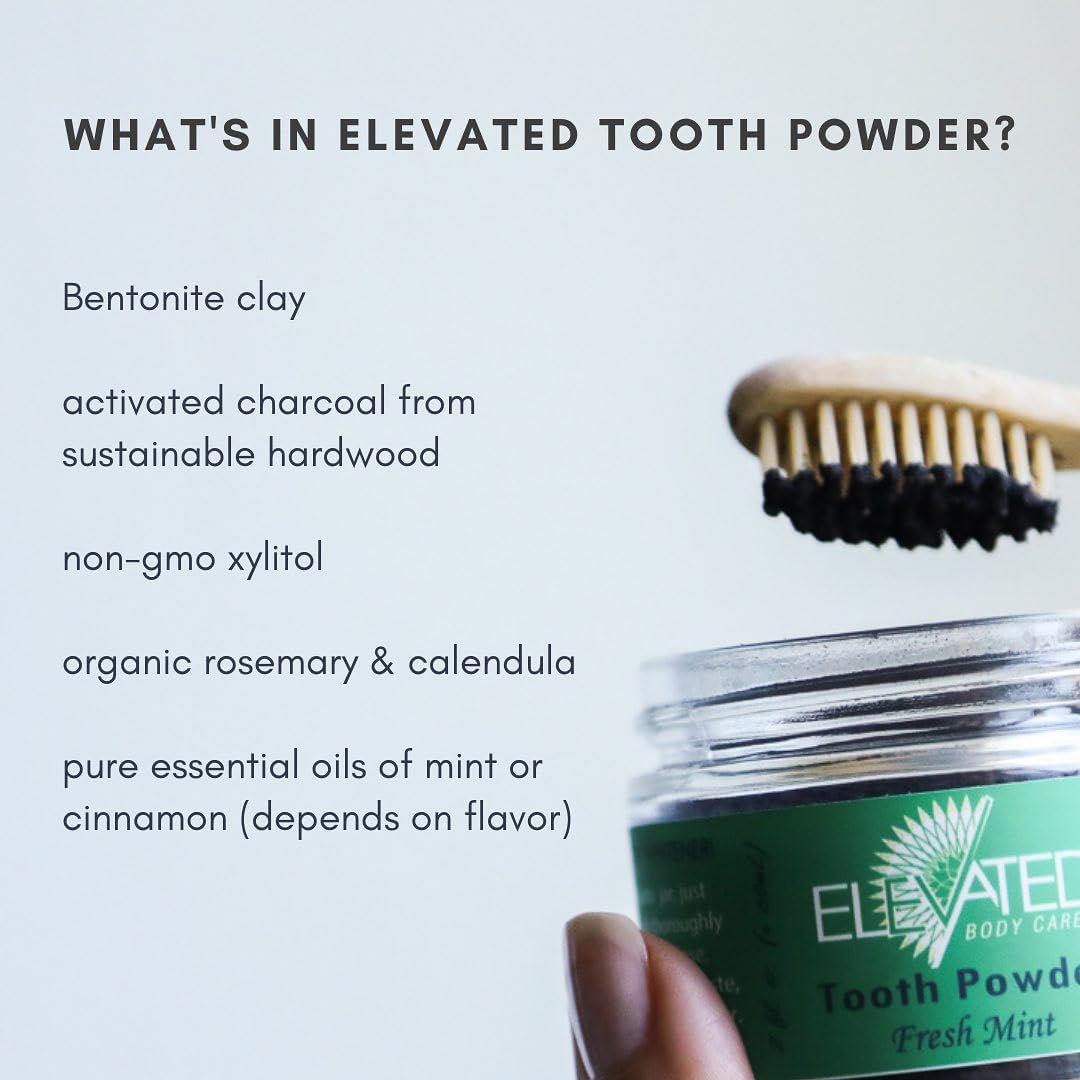 Elevated Tooth Powder with Xylitol and Activated Charcoal - Herbal Vegan Formula - 2 oz Glass Jar - Mint or Cinnamon - Made in USA