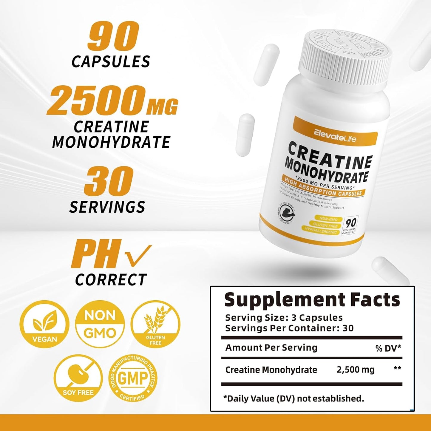 ElevateLife 2500mg Creatine Monohydrate Capsules - 180 Count, Gluten Free & Non-GMO
