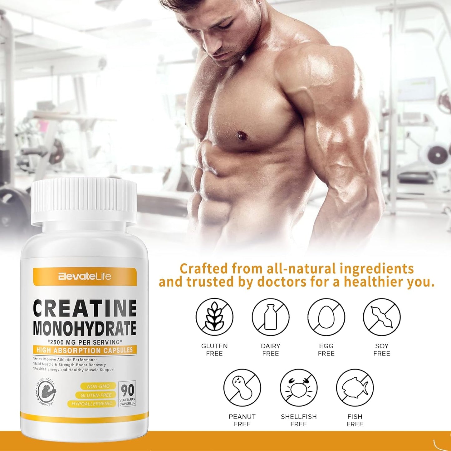 ElevateLife 2500mg Creatine Monohydrate Capsules - 180 Count, Gluten Free & Non-GMO