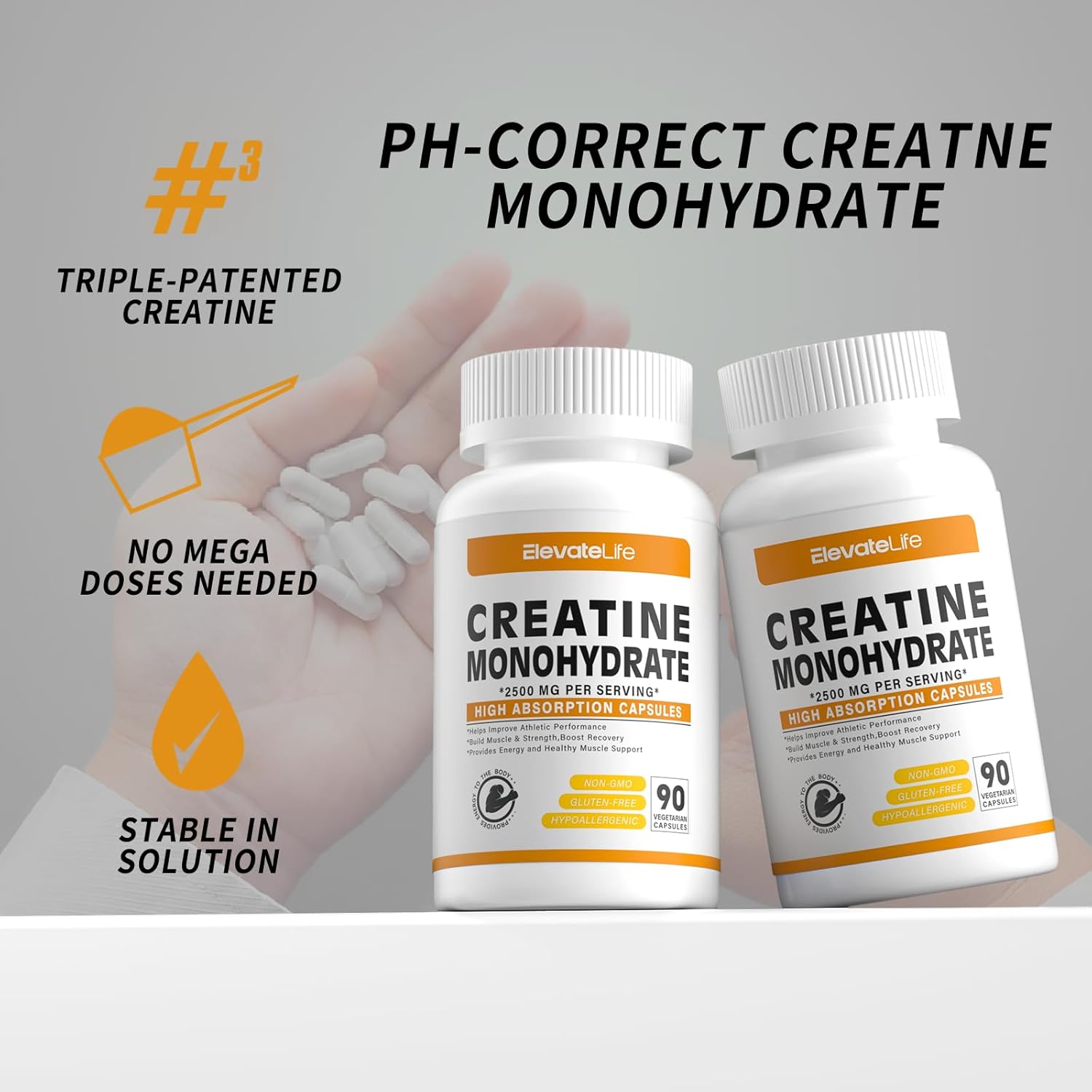 ElevateLife 2500mg Creatine Monohydrate Capsules - 180 Count, Gluten Free & Non-GMO