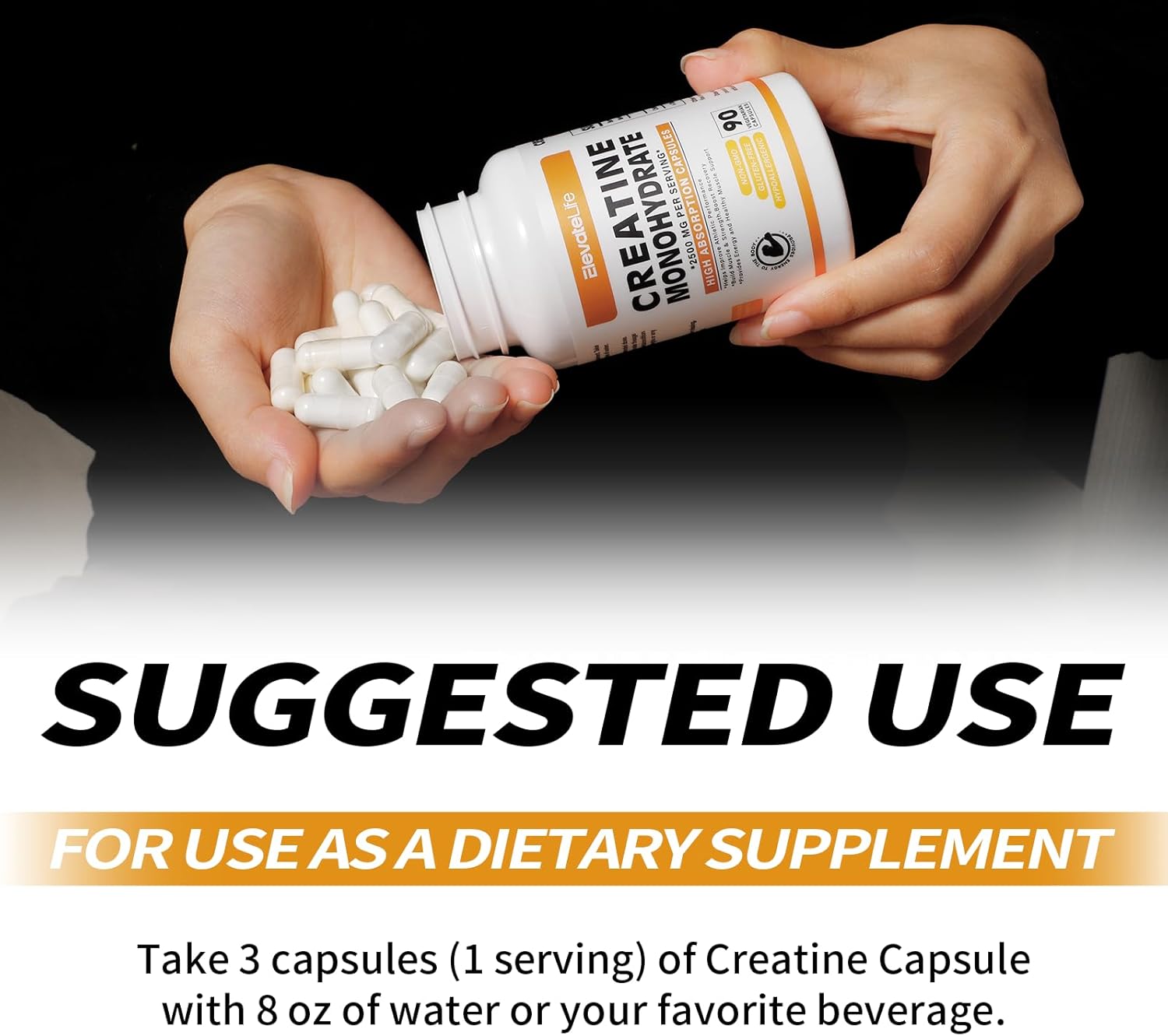 ElevateLife 2500mg Creatine Monohydrate Capsules - 180 Count, Gluten Free & Non-GMO