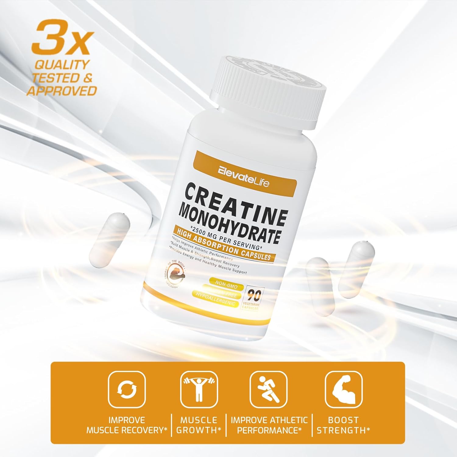 ElevateLife 2500mg Creatine Monohydrate Capsules - 180 Count, Gluten Free & Non-GMO
