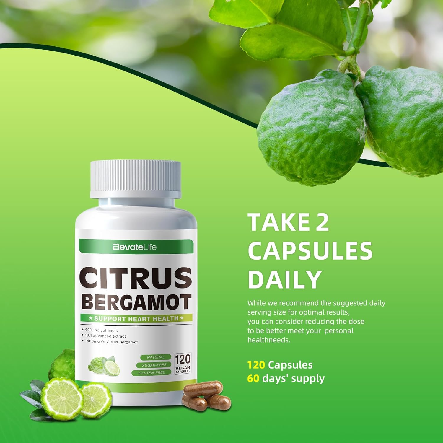 ElevateLife Citrus Bergamot Supplement - 1400mg, 120 Capsules for Heart Health and Cholesterol Support