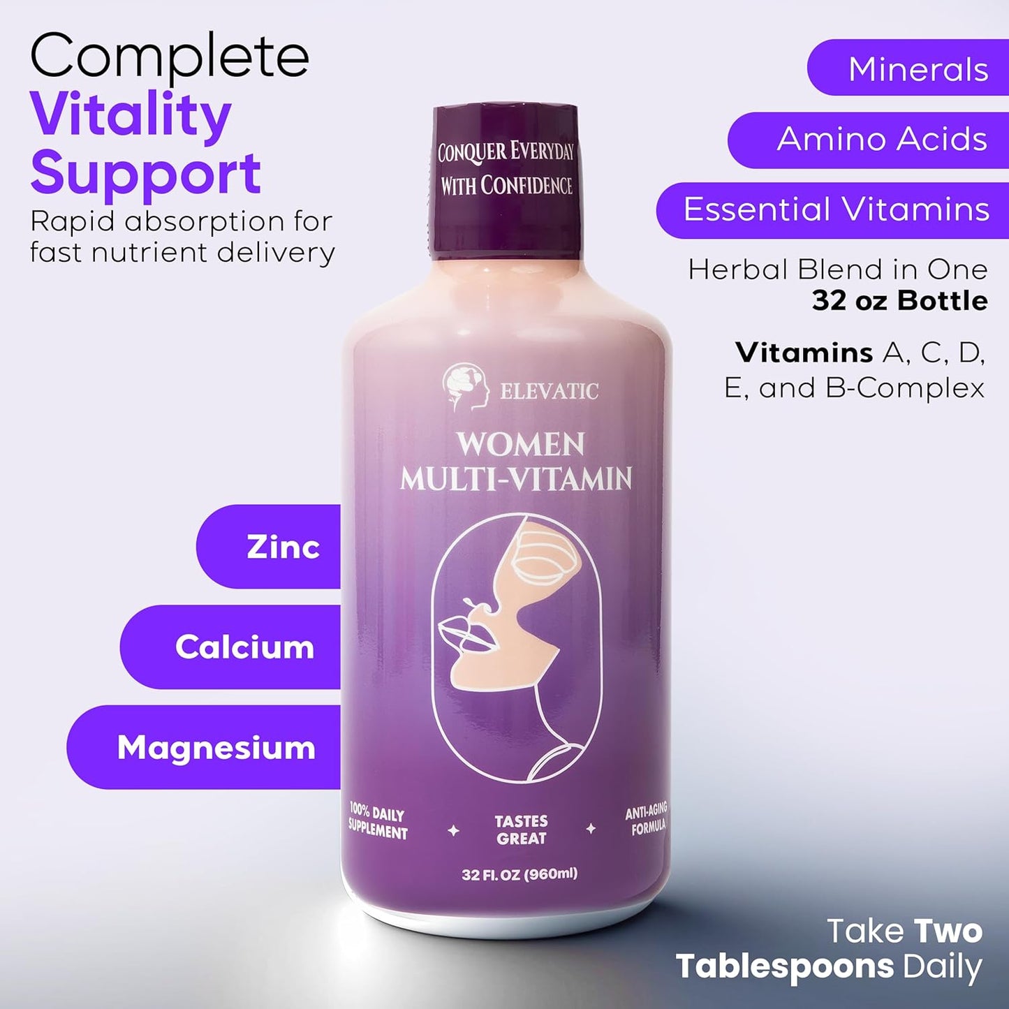 Elevatic Liquid Multivitamin for Women - 32Fl.oz (960ml) - Energy and Beauty Booster with 100% Organic Aloe Vera for Glowing Skin and Vibrant Health