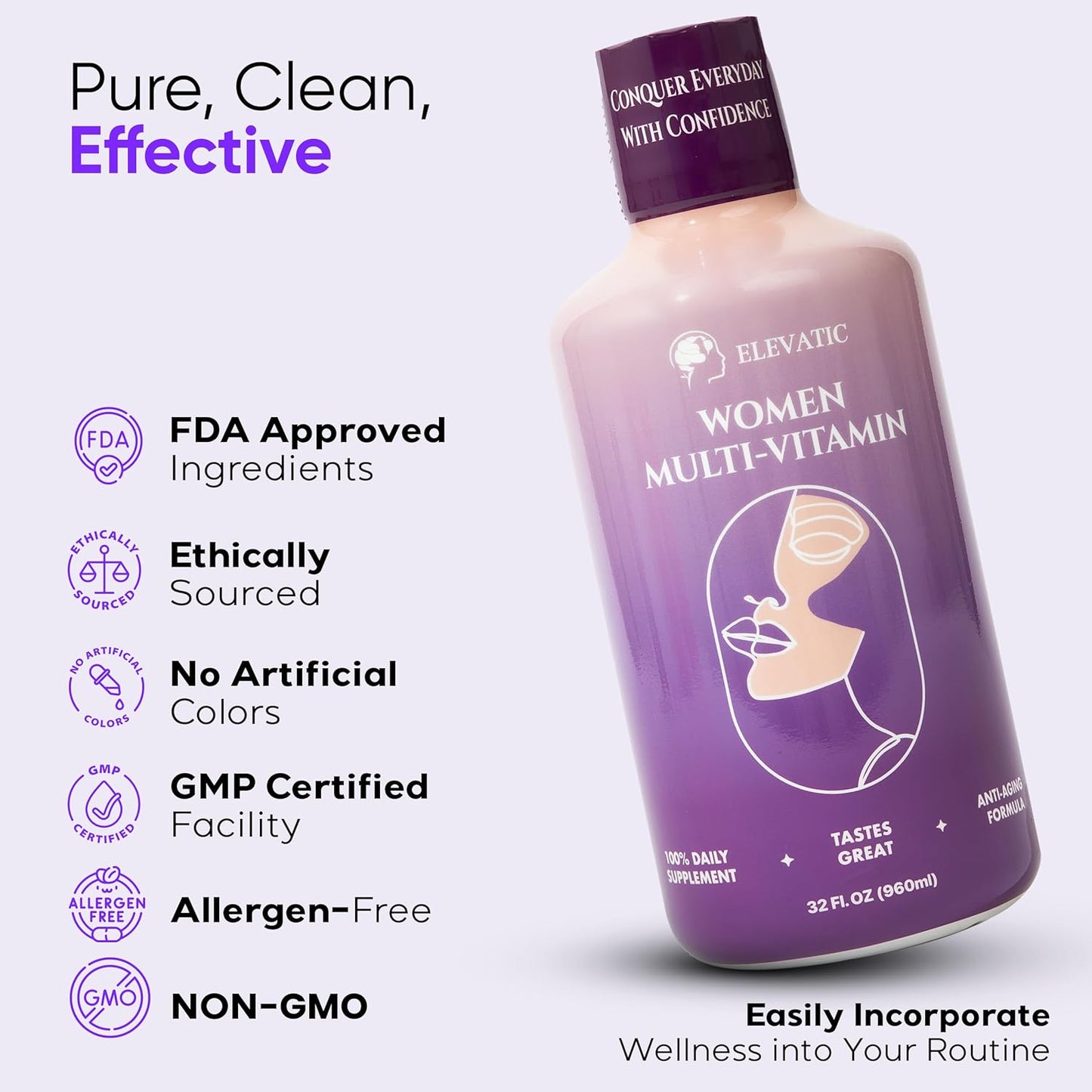 Elevatic Liquid Multivitamin for Women - 32Fl.oz (960ml) - Energy and Beauty Booster with 100% Organic Aloe Vera for Glowing Skin and Vibrant Health